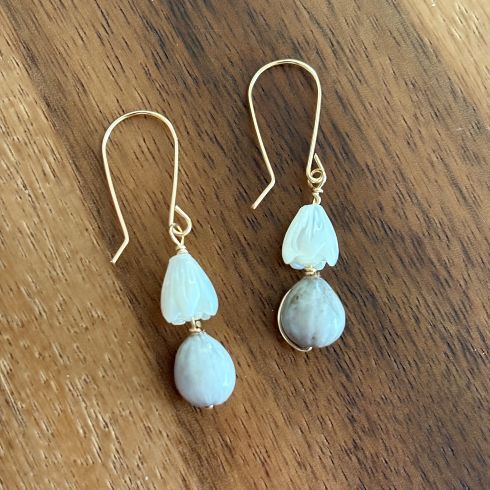 Gold filled dangling Mother of Pearl Pikake Earrings with Job's Tears